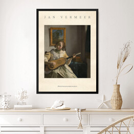 Obraz w ramie Jan Vermeer "Młoda dziewczyna grająca na gitarze" - reprodukcja z napisem. Plakat z passe partout
