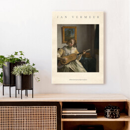 Obraz na płótnie Jan Vermeer "Młoda dziewczyna grająca na gitarze" - reprodukcja z napisem. Plakat z passe partout