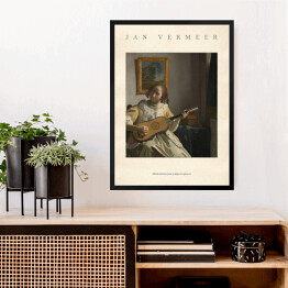 Obraz w ramie Jan Vermeer "Młoda dziewczyna grająca na gitarze" - reprodukcja z napisem. Plakat z passe partout
