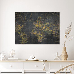 Plakat samoprzylepny Mapa świata z linii w złotym odcieniu