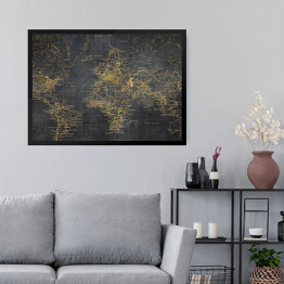 Obraz w ramie Mapa świata z linii w złotym odcieniu