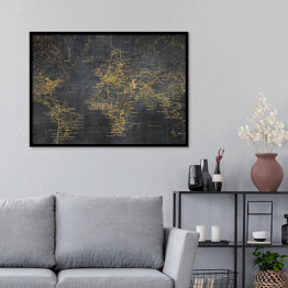 Plakat w ramie Mapa świata z linii w złotym odcieniu