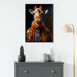 Plakat w ramie Żyrafa w szaliku - nowoczesny fantasy portret zwierzaka 