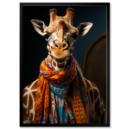 Plakat w ramie Żyrafa w szaliku - nowoczesny fantasy portret zwierzaka 
