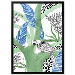 Plakat w ramie Papuga na gałęzi drzewa w dżungli