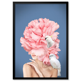 Obraz klasyczny Kobieta z białymi papugami i piwoniami
