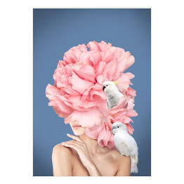 Plakat samoprzylepny Kobieta z białymi papugami i piwoniami