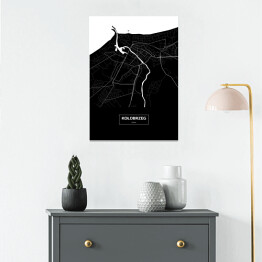 Plakat samoprzylepny Mapa Kołobrzegu czarno-biała z napisem na czarnym tle
