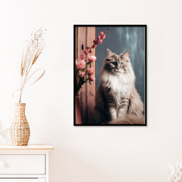 Plakat w ramie Portret zwierzaka Siedzący kot norweski leśny wśród kwiatów