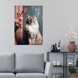 Plakat samoprzylepny Portret zwierzaka Siedzący kot norweski leśny wśród kwiatów