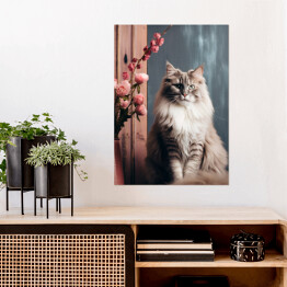 Plakat samoprzylepny Portret zwierzaka Siedzący kot norweski leśny wśród kwiatów