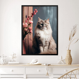 Obraz w ramie Portret zwierzaka Siedzący kot norweski leśny wśród kwiatów