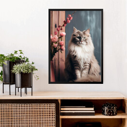 Obraz w ramie Portret zwierzaka Siedzący kot norweski leśny wśród kwiatów
