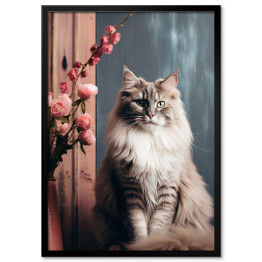 Plakat w ramie Portret zwierzaka Siedzący kot norweski leśny wśród kwiatów
