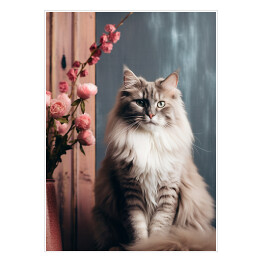 Plakat Portret zwierzaka Siedzący kot norweski leśny wśród kwiatów