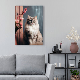 Obraz na płótnie Portret zwierzaka Siedzący kot norweski leśny wśród kwiatów