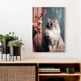 Obraz na płótnie Portret zwierzaka Siedzący kot norweski leśny wśród kwiatów