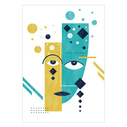 Plakat Geometryczna abstrakcyjna żółto niebieska twarz