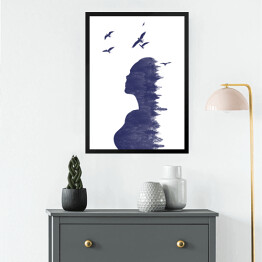 Obraz w ramie Podwójna ekspozycja - kobieta z lasem i ptakami