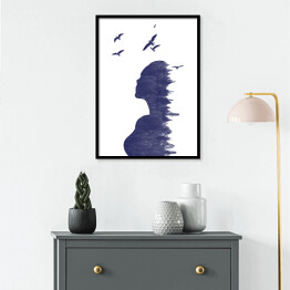 Plakat w ramie Podwójna ekspozycja - kobieta z lasem i ptakami