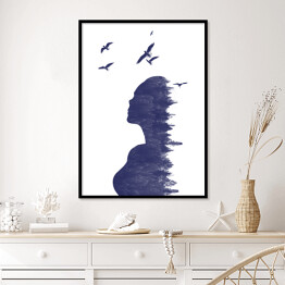 Plakat w ramie Podwójna ekspozycja - kobieta z lasem i ptakami