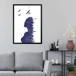 Obraz w ramie Podwójna ekspozycja - kobieta z lasem i ptakami