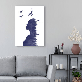 Obraz na płótnie Podwójna ekspozycja - kobieta z lasem i ptakami