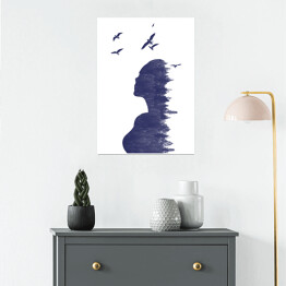 Plakat samoprzylepny Podwójna ekspozycja - kobieta z lasem i ptakami