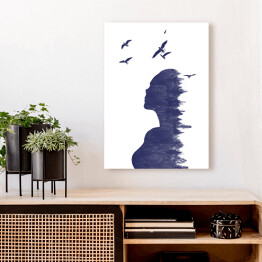 Obraz na płótnie Podwójna ekspozycja - kobieta z lasem i ptakami