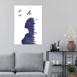 Plakat samoprzylepny Podwójna ekspozycja - kobieta z lasem i ptakami
