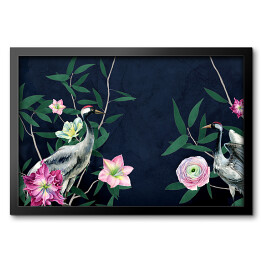 Obraz w ramie Żurawie w kwiatach. Dżungla navy blue