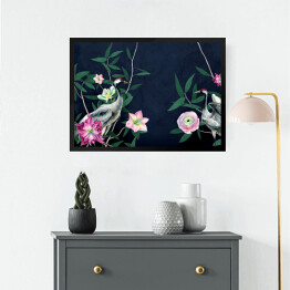 Obraz w ramie Żurawie w kwiatach. Dżungla navy blue