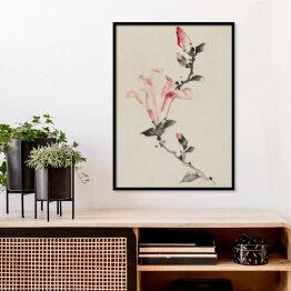 Plakat w ramie Hokusai Katsushika. Duże różowe kwiaty. Reprodukcja