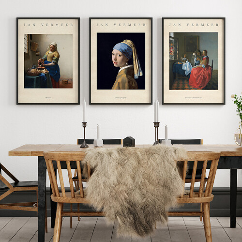 Reprodukcje "Dziewczyna z kieliszkiem wina", "Mleczarka" i "Dziewczyna z perłą" Jana Vermeera. Zestaw 3 plakatów