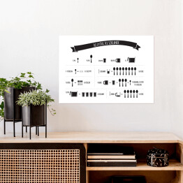 Plakat samoprzylepny "Ile łyżek, ile szklanek" - pozioma biało czarna ilustracja