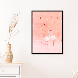 Plakat w ramie Ilustracja - flamingi na różowym pastelowym tle