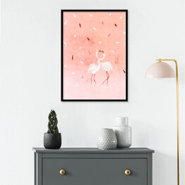 Plakat w ramie Ilustracja - flamingi na różowym pastelowym tle