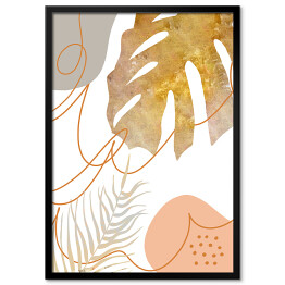Obraz klasyczny Abstrakcja i liście - monstera w złotym i beżowym kolorze