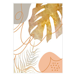 Plakat samoprzylepny Abstrakcja i liście - monstera w złotym i beżowym kolorze