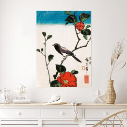 Plakat samoprzylepny Utugawa Hiroshige Japoński ptak i kwiat kamelii Reprodukcja obrazu