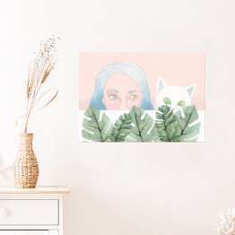 Plakat samoprzylepny Kobieta i kot wyglądający zza liści