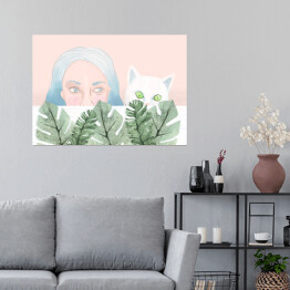 Plakat Kobieta i kot wyglądający zza liści