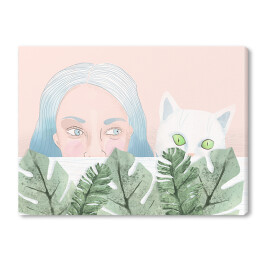 Obraz na płótnie Kobieta i kot wyglądający zza liści