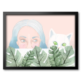 Obraz w ramie Kobieta i kot wyglądający zza liści