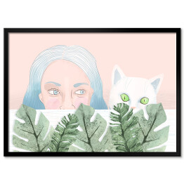 Plakat w ramie Kobieta i kot wyglądający zza liści