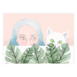 Plakat Kobieta i kot wyglądający zza liści