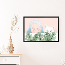 Obraz w ramie Kobieta i kot wyglądający zza liści
