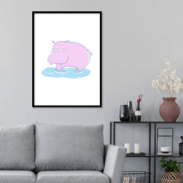 Plakat w ramie Różowy hipopotam w wodzie - ilustracja