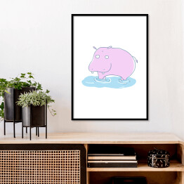 Plakat w ramie Różowy hipopotam w wodzie - ilustracja