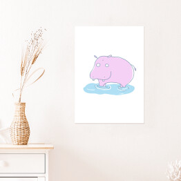 Plakat samoprzylepny Różowy hipopotam w wodzie - ilustracja